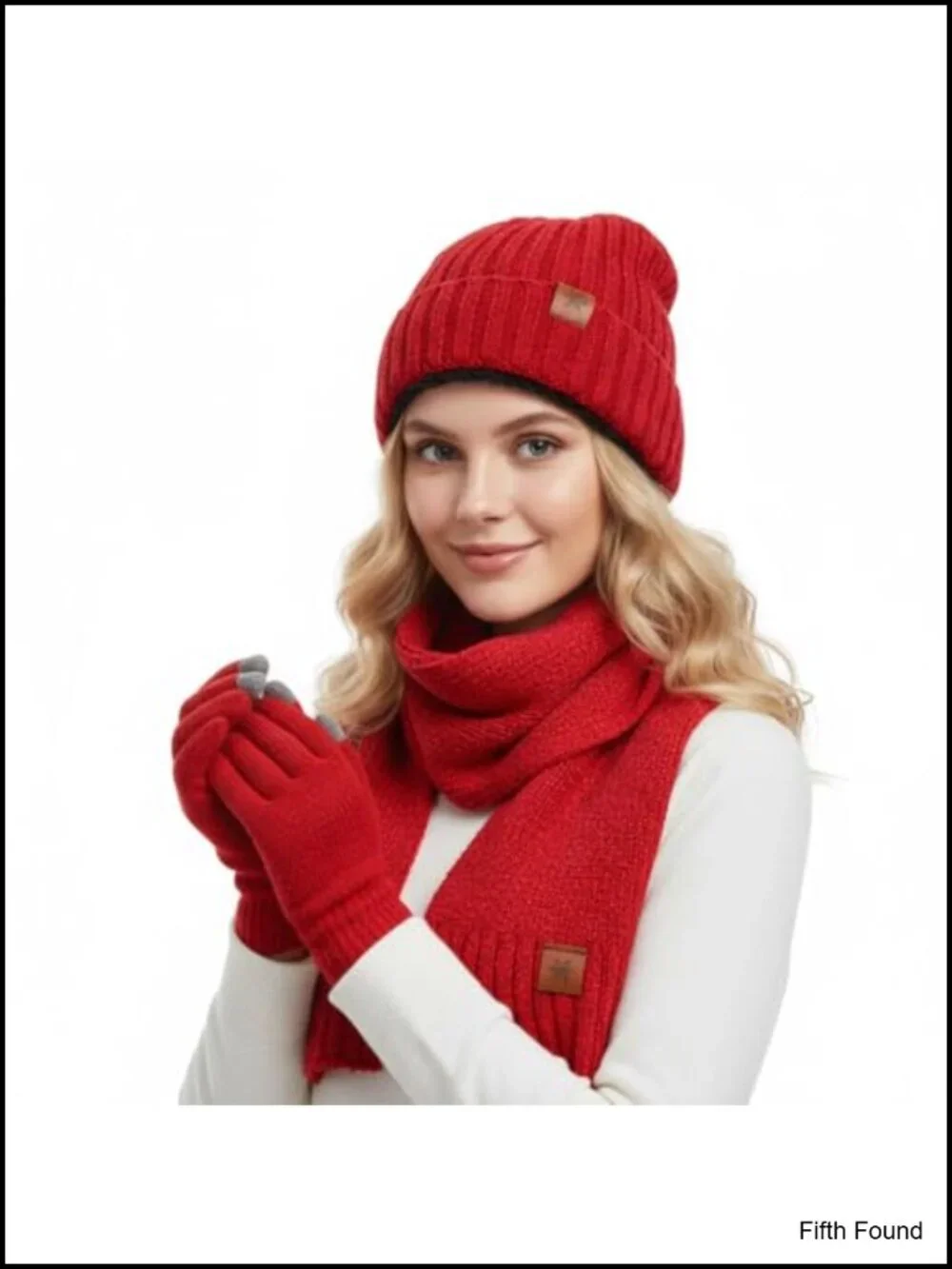 3-in-1 Winter Hat Scarf Gloves Set Acrylic Knit Fuzzy Lined Touch Screen